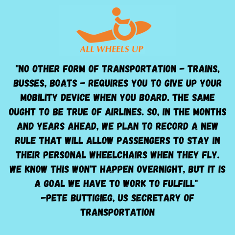 allwheelsup's tweet photo. Yesterday @USDOT @SecretaryPete announced plans for a new rule to allow passengers to stay in their wheelchairs when they fly. We're so excited to see our goal supported by so many people at the @USDOT https://t.co/EN7MuwCDTT