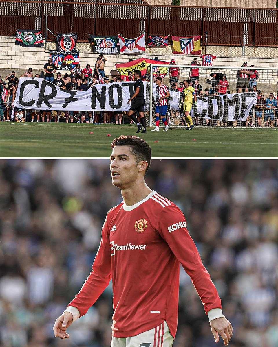 ESPNFC's tweet image. Atletico Madrid fans held a 'CR7 Not Welcome' sign during their pre-season friendly today 😮