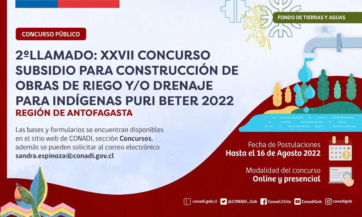 CONADI_Gob's tweet photo. 🚨Hasta el 16 de agosto puedes postular al subsidio que entrega CONADI para la construcción de obras de riego y drenaje (#PuriBeter "Camino de agua") en la Región de #Antofagasta ℹ️ Más información en👉https://t.co/KyKuPeH8iM Sección "Concursos" #PlanBuenVivir #ChileApoya https://t.co/jstVRxiquW