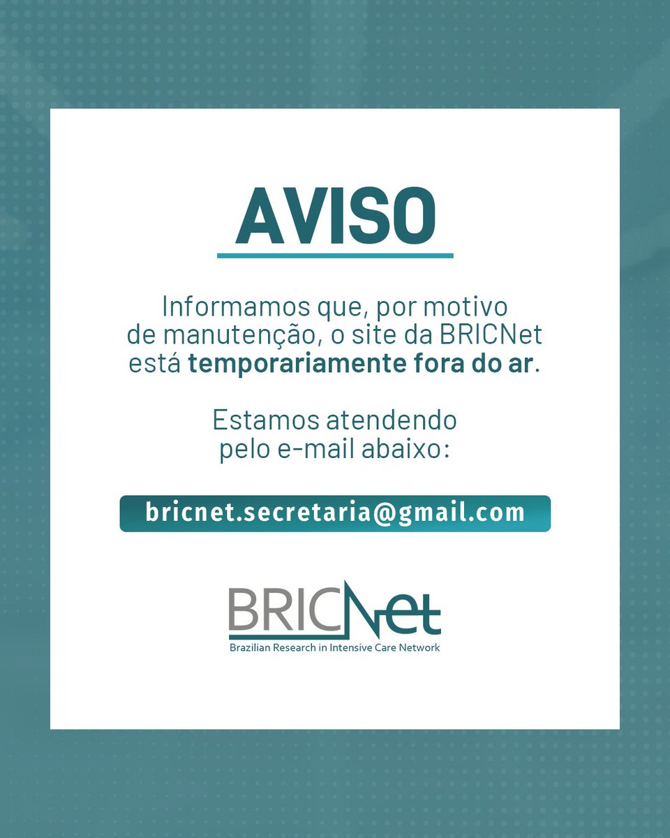 BRICNet Brasil (@bricnetbr) on Twitter photo Informamos que, por motivo de manutenção, o site da BRICNet está temporariamente fora do ar.
Estamos atendendo pelo e-mail: bricnet.secretaria@gmail.com
#BRICNet #TerapiaIntensiva #Medicina Informamos que, por motivo de manutenção, o site da BRICNet está temporariamente fora do ar.
Estamos atendendo pelo e-mail: bricnet.secretaria@gmail.com
#BRICNet #TerapiaIntensiva #Medicina