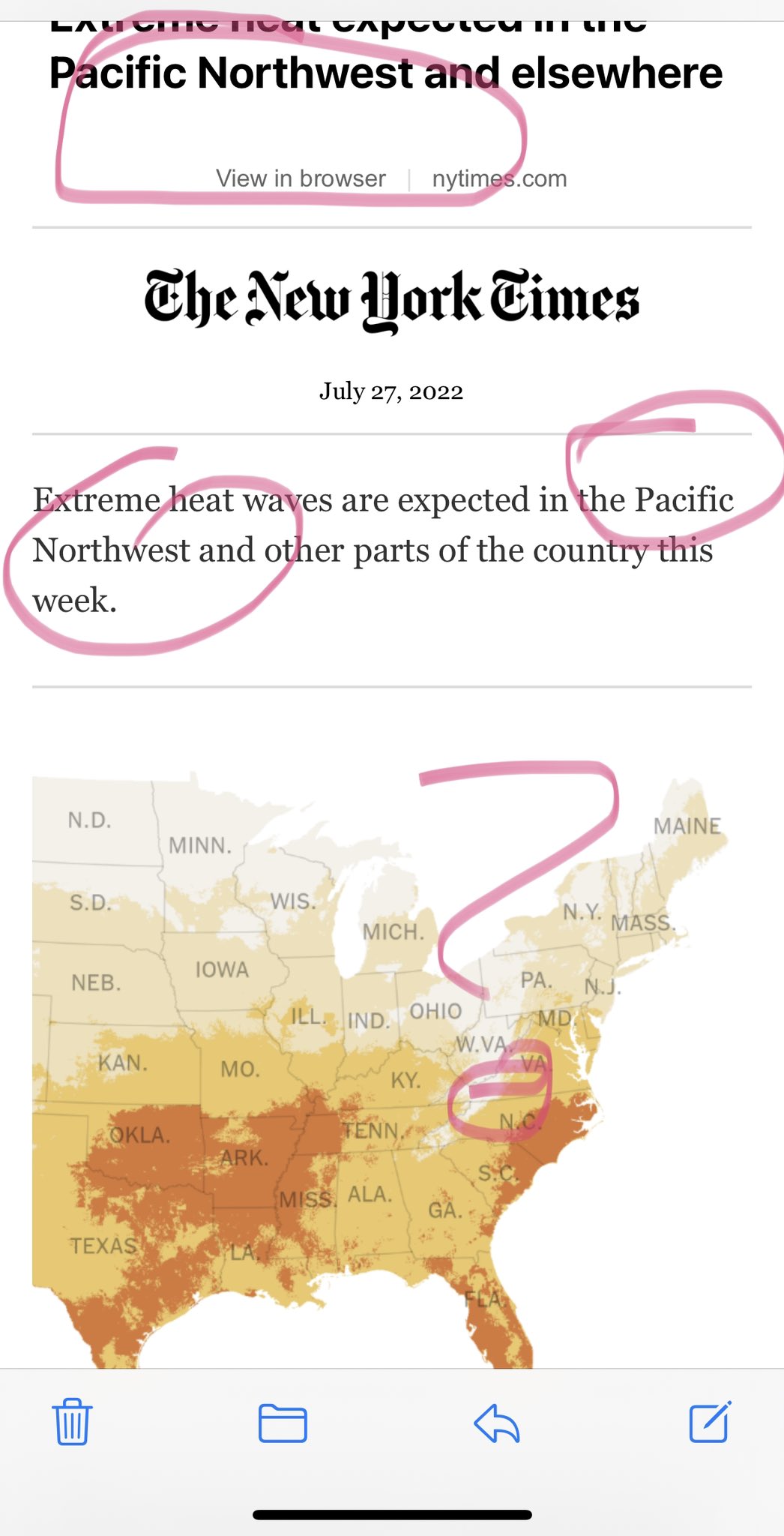 NYT headline saying heatwaves in PNW, with a map of the East coast. I have highlighted the discrepancy