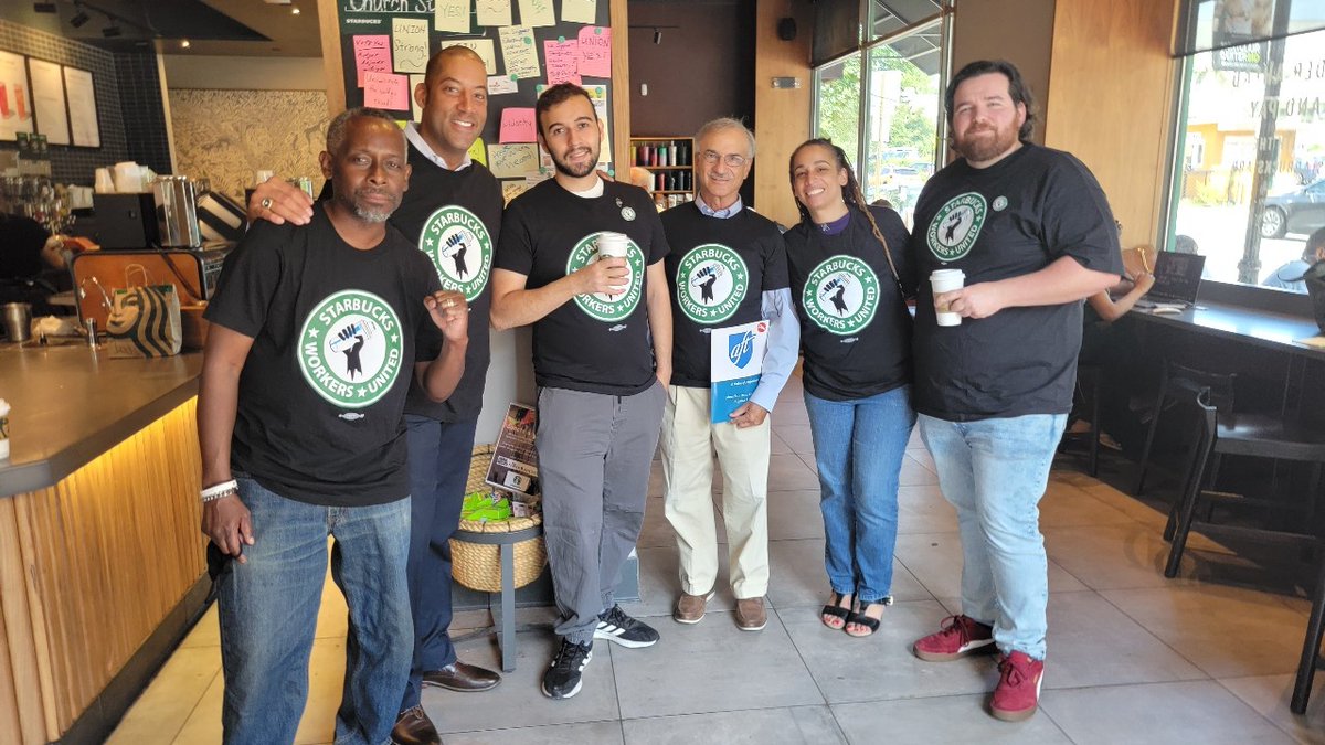 I joined Montclair @SBWorkersUnited empl tdy 4a sit-in as they fight 4their right 2organize. The rt to frm a union is foundational to the health of our wrkfrce. If Starbucks can rake in billions, it can afrd to treat & pay wrkers fairly. #WeAreWithYou #WeAreUnion #sbworkersunited