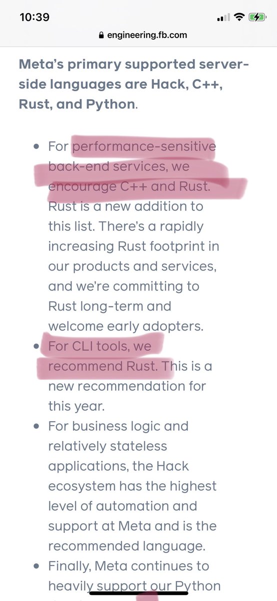 Rust is now one of the 4 official server side languages recommended at Facebook (C++, Rust, Python, Hack). 

Interesting how it’s considered “at par” with C++ for performance sensitive stuff, and the recommended tool for CLI usage. 

engineering.fb.com/2022/07/27/dev…