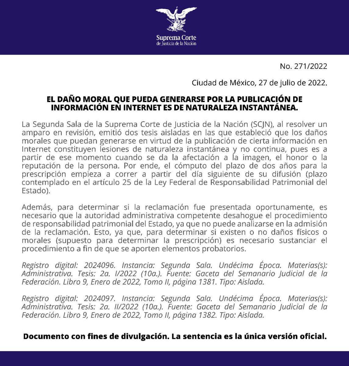 SCJN's tweet photo. El daño moral que pueda generarse por la publicación de cierta información en Internet constituyen lesiones de naturaleza instantánea, por  lo tanto el cómputo del plazo de 2 años para la prescripción empieza a correr a partir del día siguiente de su difusión: 2ª Sala https://t.co/8D2KQJgRhI