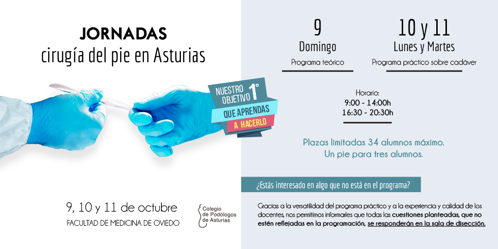💣🤓No nos cansamos de decir que trabajamos para ofrecer las mejores formaciones en nuestra tierra y os traemos un curso de CIRUGÍA en mayúsculas. 
✍ Entra ya en podologosasturias.com/formacion para ver el programa que hemos preparado e inscribirte
#ColegiodePodólogosAsturias #Podología