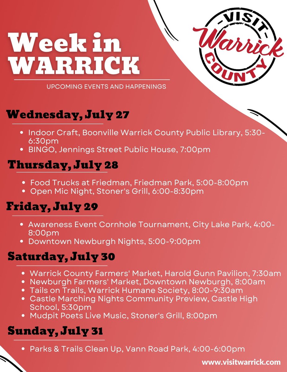 Despite the weather, there is still a lot happening this Week in Warrick. What events will you be attending??

#INWarrick #INIndiana #VisitWarrick