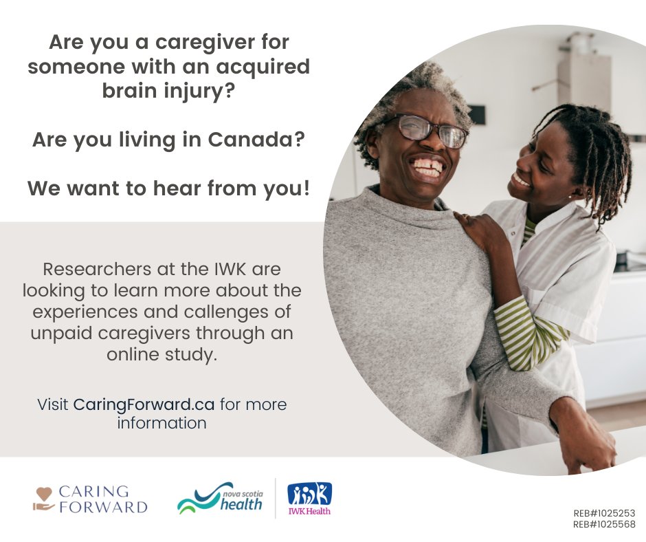 caring_study's tweet image. Are you a #Caregiver for someone with an #AcquiredBrainInjury living in #Canada? If you answered YES, then we want to hear from you! 

Our goal is to create resources and programs that support caregivers and improve well-being. 

Visit CaringForward.ca to learn more.