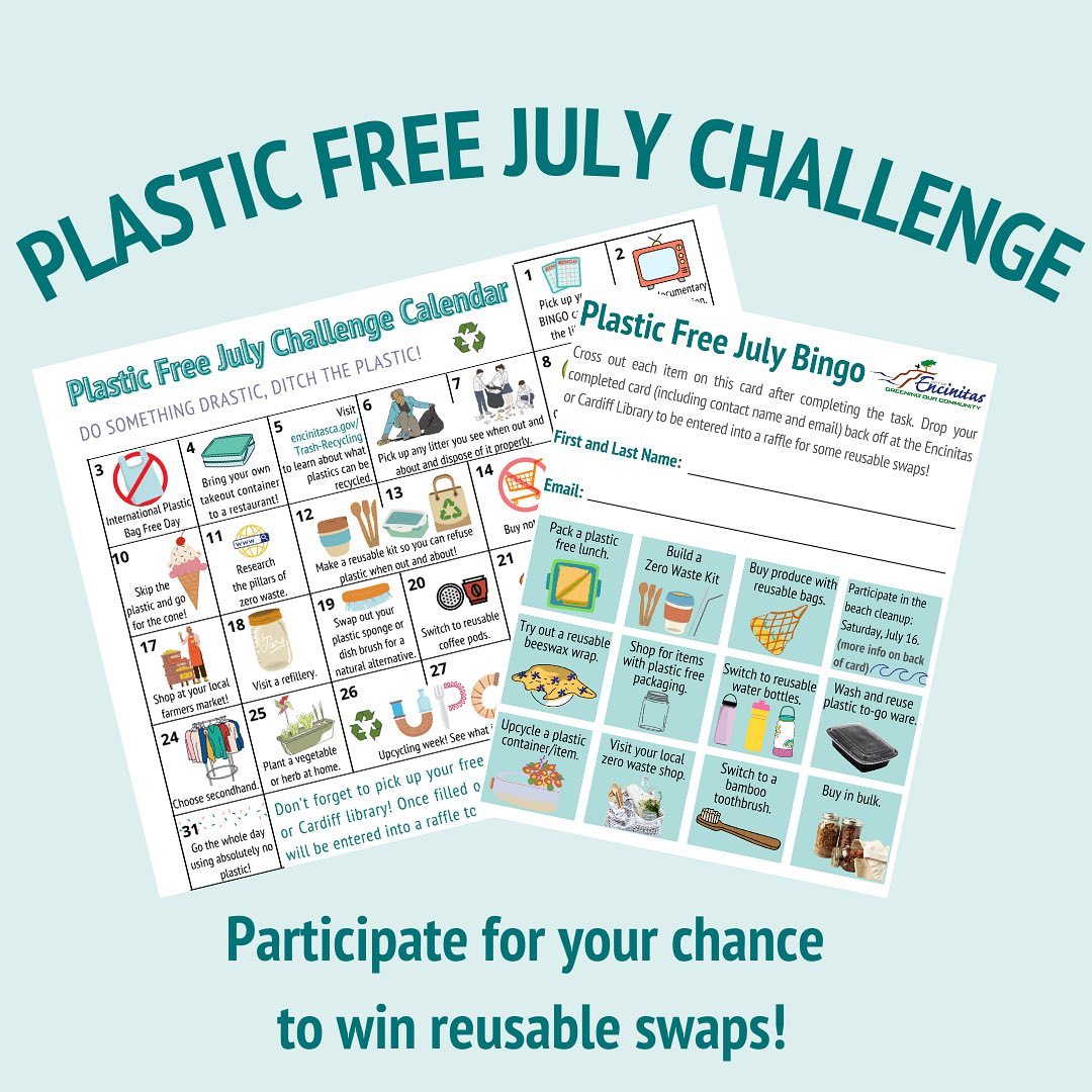 Throughout the month of July, residents can participate by picking up a bingo card and calendar from the Encinitas or Cardiff Library. Completed bingo cards can be dropped off at either library by the end of the month for entry into a raffle to win some reusable zero waste swaps!