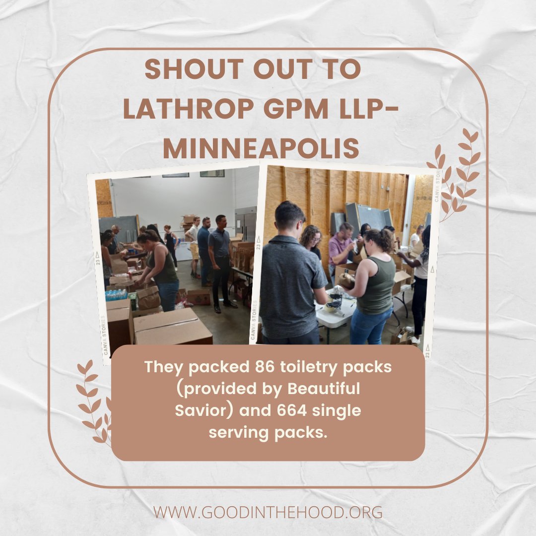 HUGE shout out to Lathrop GPM in Minneapolis for packing 664 single serving packs &amp; 86 toiletry packs that were provided by our partners over at Beautiful Savior Lutheran Church. 

Together, we are better! 

You can learn more by visiting us at our web. 
GOODINTHEHOOD.ORG