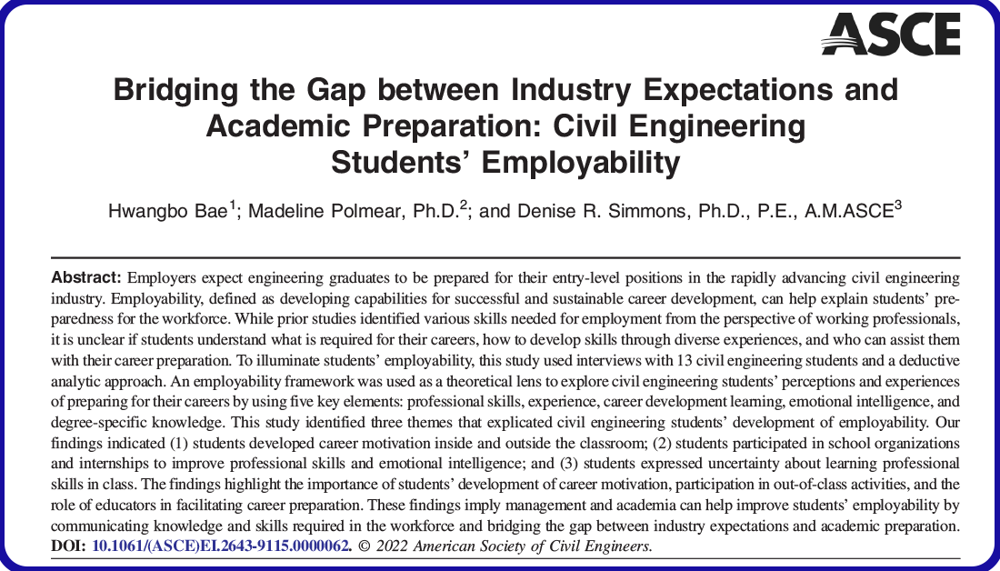 ASCEpublishing's tweet photo. (Free to Read) #EditorsChoice: To better prepare #CivilEngineering students for their careers, this new @ASCE_JCEE study aims to understand students’ employability by using the theoretical lens of Pool and Sewell’s (2007) employability framework. https://t.co/pLJttJS0ej https://t.co/Z8iBZIXjOl
