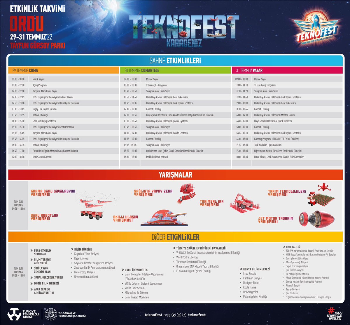 29-31 Temmuz 2022 tarihleri arasında 3 gün boyunca ilimizde yaşayacağımız #TEKNOFEST heyecanında gerçekleşecek etkinliklerin takvimi👇

Tüm hemşerilerimizi bu heyecanı yaşamaya davet ediyoruz.
<a href="/T3Vakfi/">TR Teknoloji Takımı</a> <a href="/TCSanayi/">Sanayi ve Teknoloji Bakanlığı</a> <a href="/tuncaysonel/">Tuncay Sonel</a>