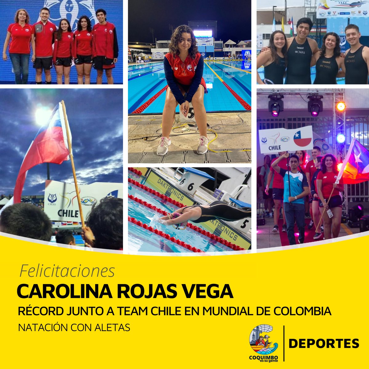 ► ¡Nuevo récord! 🏊‍♀⏱

👏 Una excelente participación tuvo la deportista coquimbana Carolina Rojas Vega en el Campeonato Mundial de Natación con Aletas en Cali, Colombia. 

🇨🇱 Junto al <a href="/TeamChile_COCH/">Team Chile</a> rompieron el récord nacional en 4x50 SF mixto con un crono de 01:24:47 🙌