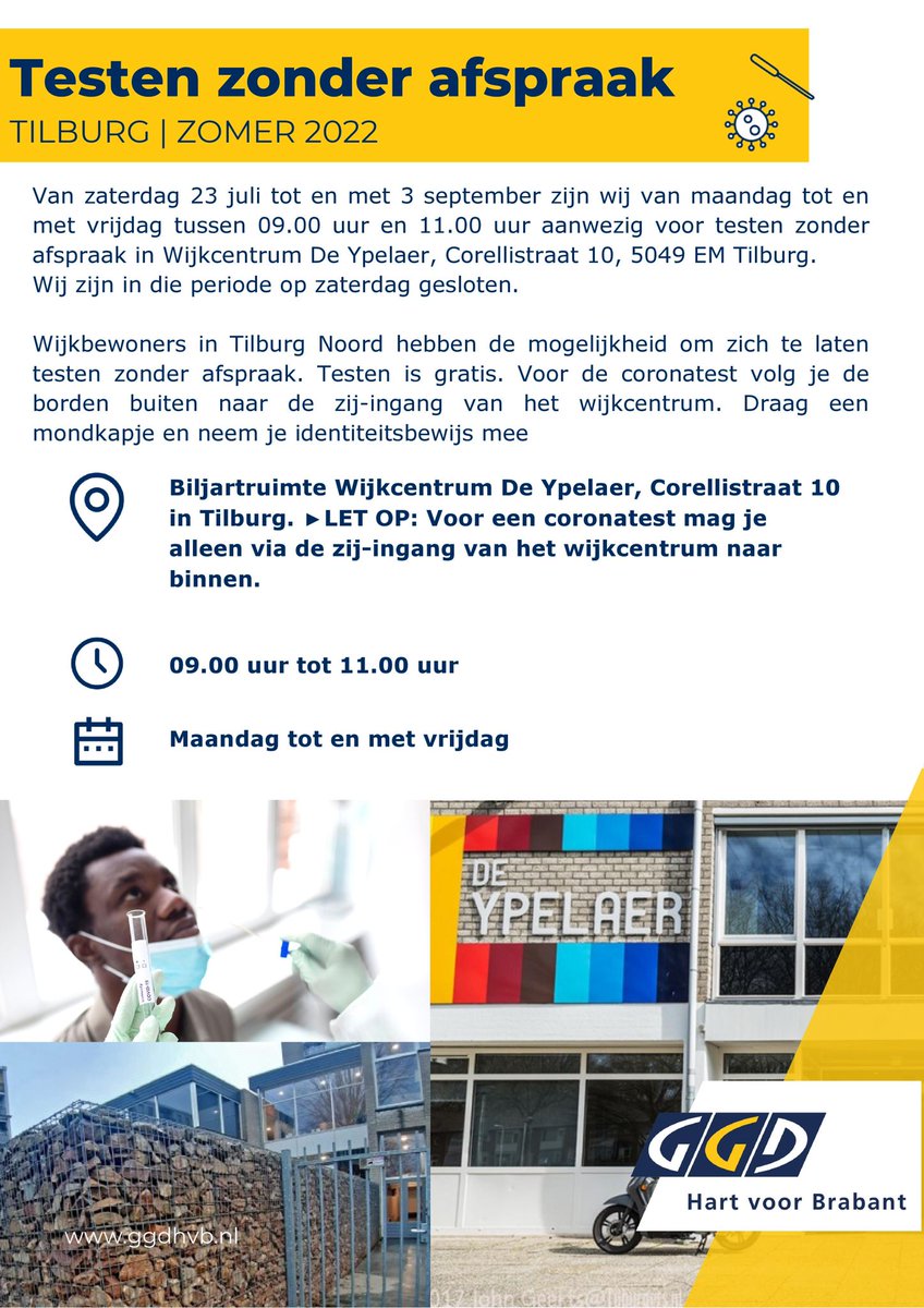 Woon je in Tilburg-Noord? Je kunt je nog steeds gratis en zonder afspraak laten testen op Corona in wijkcentrum de Ypelaer #tilburgnoord #ypelaer #coronatesttilburg #corona #coronatest