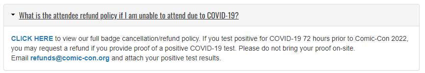 Shadeoblac's tweet photo. @Comic_Con Per your COVID-19 policy on your website https://t.co/8lxe5MR9YD it states to email refunds@comic-con.org if you contract COVID-19 72 hours before the convention. It's been 4 days since the con and 7 days since emailing proof of positive COVID-19 test and no reply. https://t.co/0dsqafA0Mq