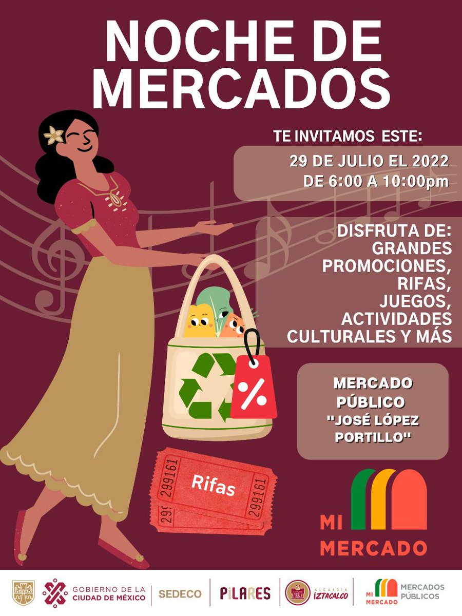 A_QuinteroMX's tweet photo. Este viernes 29 de julio es #NochedeMercados en #Iztacalco. Asiste al mercado "José López Portillo" de las 6 de la tarde a las 10 de la noche y disfruta de grandes promociones, rifas, juegos, actividades culturales y más. ¡Te esperamos! #IztacalcoenBienestar #MiMercado https://t.co/oQAnlKapqj