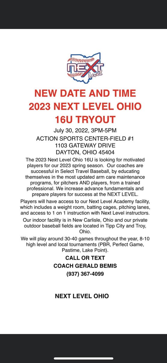 Next Level Ohio 16U:

Tryouts have been cancelled for tonight (7/27/22) and rescheduled for Saturday, 7/30/22, 3-5p, Action Sports, Field #1.