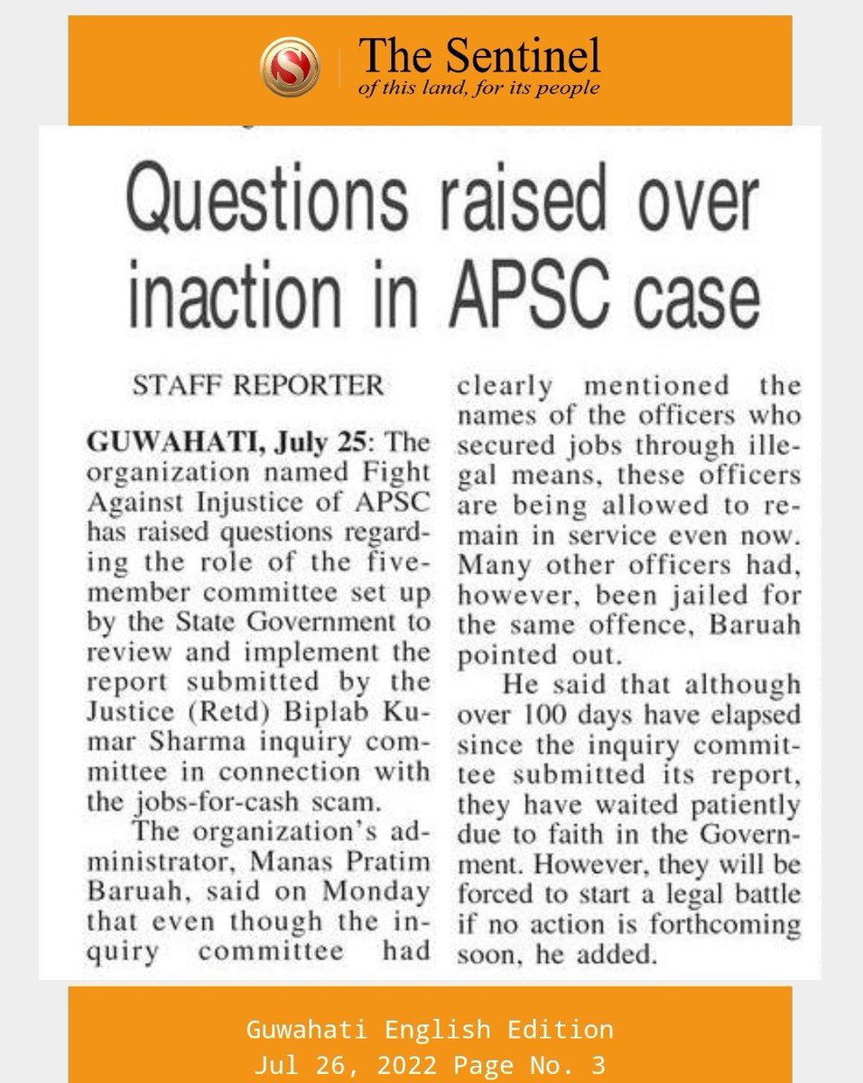 FightApsc's tweet photo. 🟥Question raised over inaction in APSC Case...The Sentinel 
🟥চৰকাৰৰ ভূমিকাত ক্ষুণ্ণ, ন্যায়িক যুঁজৰ হুংকাৰ ফাইট এগেইনষ্ট ইনজাষ্টিছ অব এপিএছচিৰ-অসমীয়া খবৰ।।
🟥অভিযুক্ত বিষয়াকে দিয়া হ'ল পদোন্নতি-আমাৰ অসম।।
আমাৰ মতামত প্ৰকাশিত হৈছিল এইদৰে কালিৰ কেইবাখনো আগশাৰীৰ বাতৰি কাকতত।। https://t.co/xyMpDMuxKe
