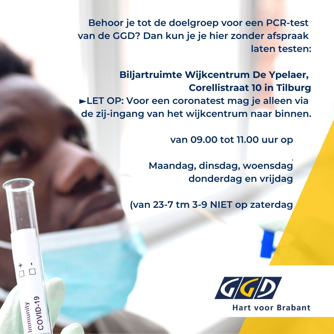 PCR-test nodig? In Tilburg-Noord kan het nog steeds zonder afspraak en gratis in wijkcentrum de Ypelaer! Draag een mondkapje en neem je identiteitsbewijs mee. #ypelaer #coronatest #corona #coronatesttilburg