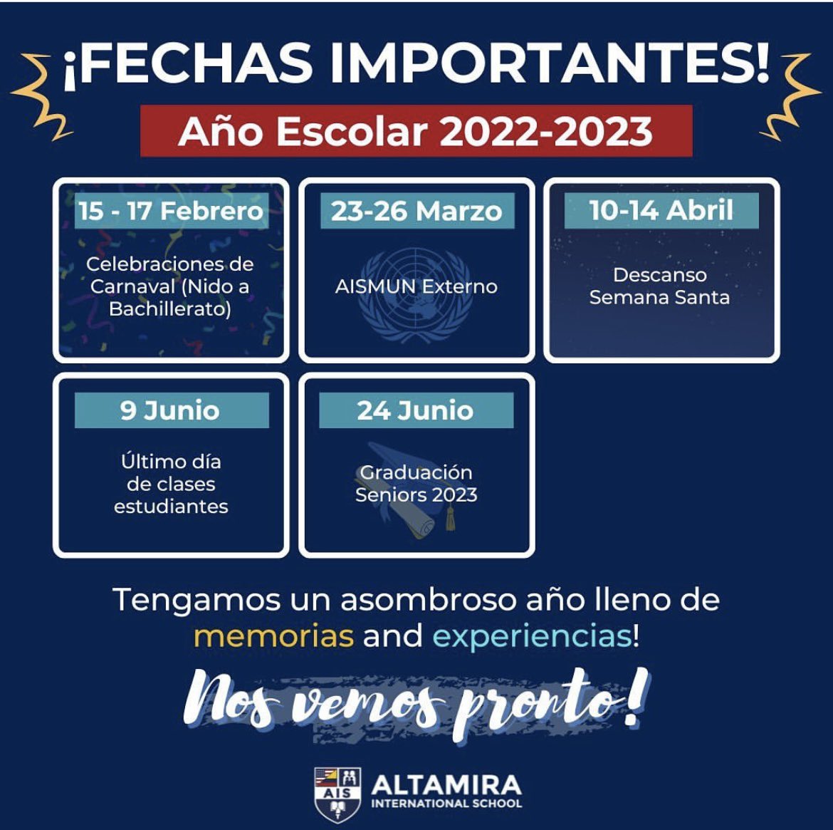Altamiraedu's tweet photo. #AISNews ¡Conoce nuestras fechas importantes para este año escolar 2022 - 2023! 📎✨ https://t.co/RyyFoM8ZbZ