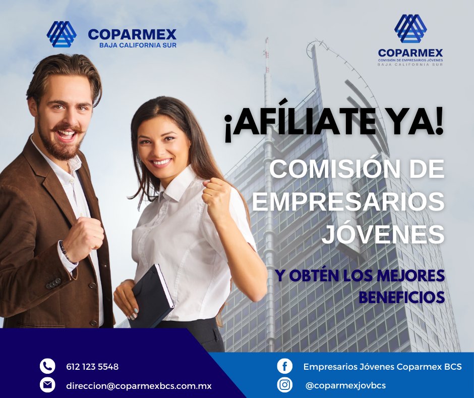 La Comisión de Empresarios Jóvenes BCS somos una Comisión de Trabajo en <a href="/CoparmexBCS/">coparmexbcs</a>. Buscamos generar trabajo decente, crecimiento económico, sostenible y fomentar la innovación. Conoce más sobre nosotros en facebook.com/jovenescoparme…
#coparmex #coparmexbcs #jovenesempresarios