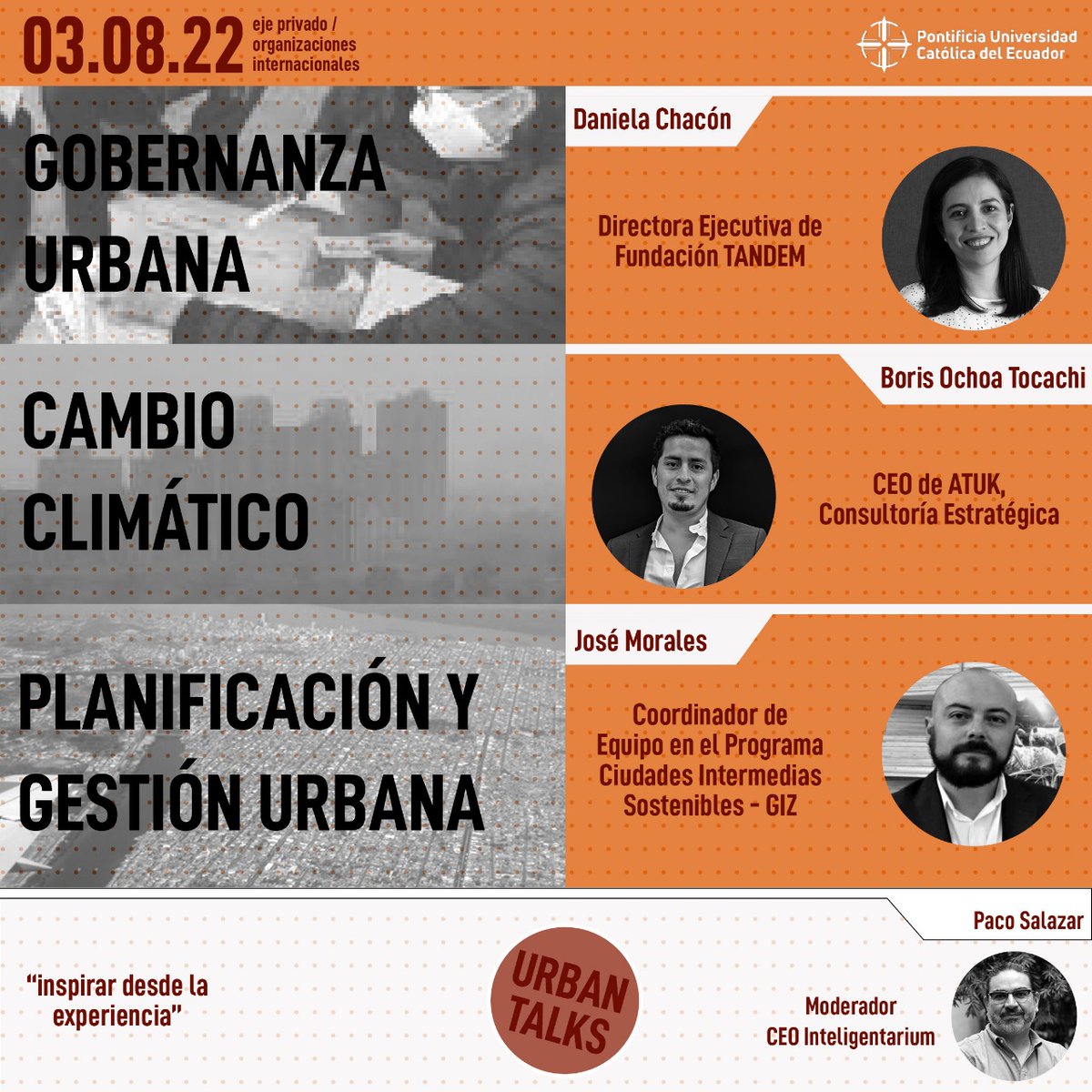 topicster's tweet photo. “Inspirar desde la experiencia”

El próximo miércoles 🗓️3-ago 🕔17h00 estaré en #UrbanTalks, organizada por la Facultad de Arquitectura, Diseño y Artes de la @PUCE_Ecuador.

El sector privado tiene el rol de contribuir a la consecución de territorios y ciudades sostenibles.

🇪🇨 https://t.co/vKIDkppDA5