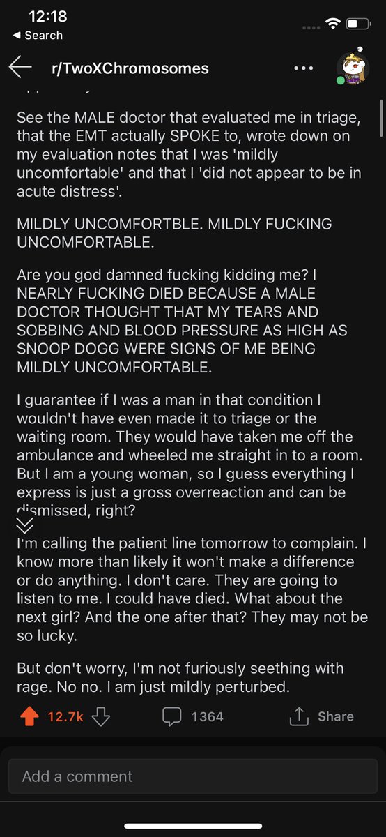 Atomic_Sunset's tweet photo. @such_hockey_wow you should check out this Reddit post, and share it to! The comments are filled with hundreds of women sharing similar stories. The medical system is murdering women through neglectful medical care and attention.  #DoctorsForWomen 1/5 https://t.co/u3R6j0DCt9