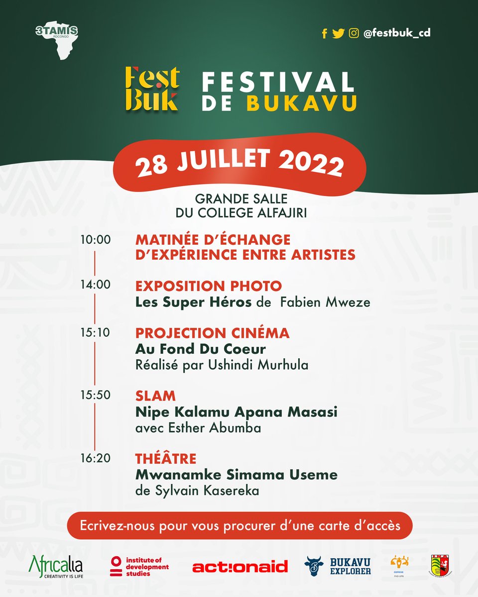 La troisième journée ramène demain le slam et le théâtre aux côtés du cinema.

#FestivalDeBukavu #cinema #books #culture #art #Bukavu #RDCongo #Rwanda #Burundi #grandslacs #bukavuexplorer #3tamis
Translate Tweet