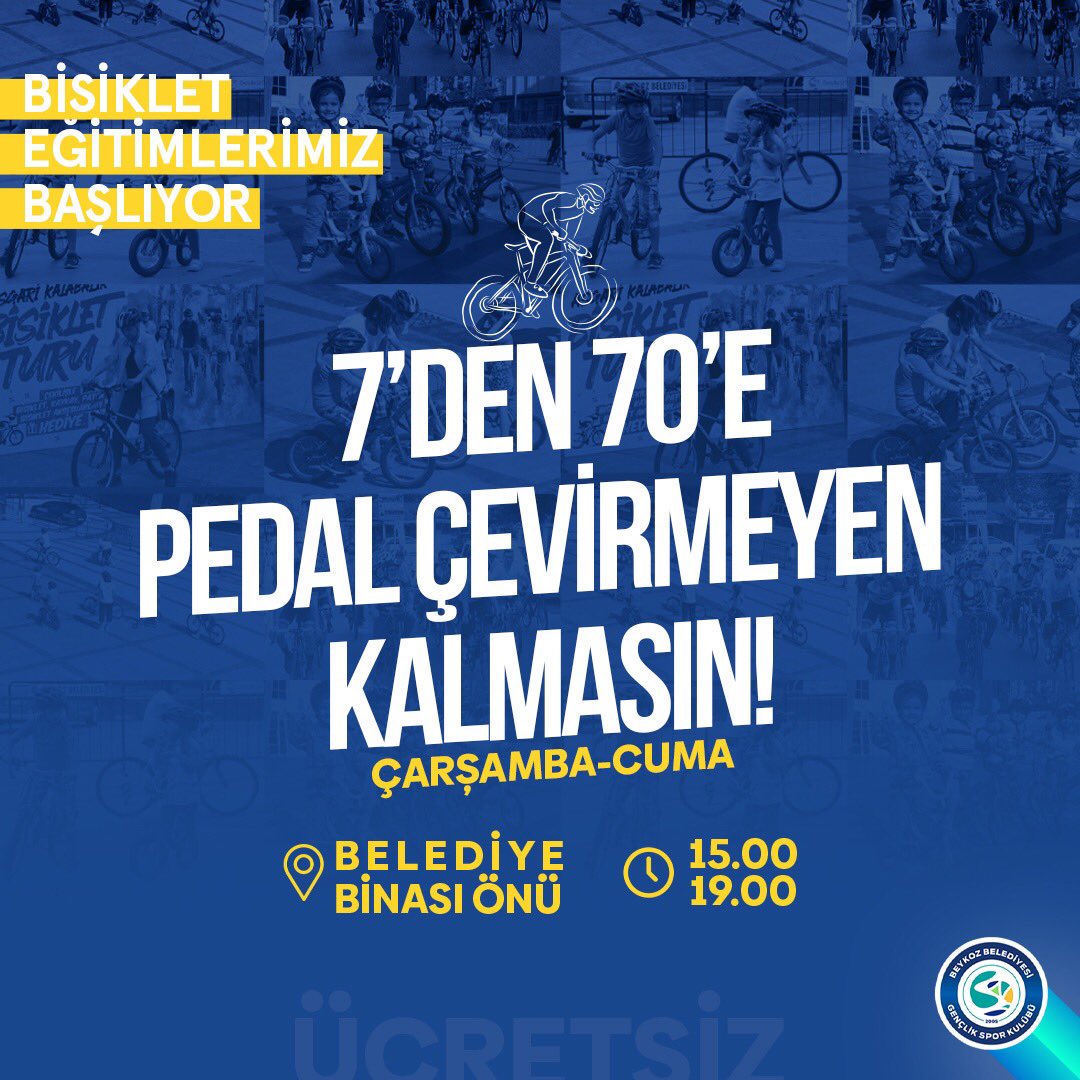 HAZIR MISINIZ? 🫵🏻 BİSİKLET EĞİTİMLERİMİZ BAŞLIYOR 🚴‍♂️ Beykoz'da pedal çevirmeyen kalmayacak.🥳

📌 Çarşamba ve Cuma günleri saat 15:00 - 19:00 arasında Belediye Binası önünde buluşalım.😎

#beykoz #bisiklet