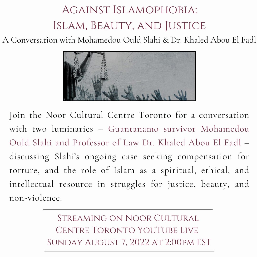 Thanks <a href="/AzeezahKanji/">Azeezah Kanji</a> for organizing this upcoming event featuring our client <a href="/MohamedouOuld/">Mohamedou O Slahi (Houbeini) ولد صلاحي</a> in conversation with Islamic law and human rights scholar Dr. Khaled Abou El Fadl of <a href="/UCLA_Law/">UCLA School of Law</a>. I am looking forward to the discussion. 

More info: noorculturalcentre.ca/mohamedou-slah…
