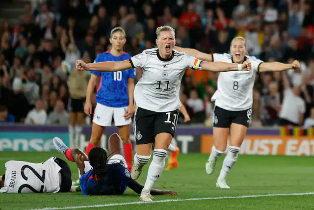 #Alexandra #Popp's second-half goal gave #Germany a 2-1 lead over #France in #Wednesday's #semifinal. [REUTERS/John Sibley]