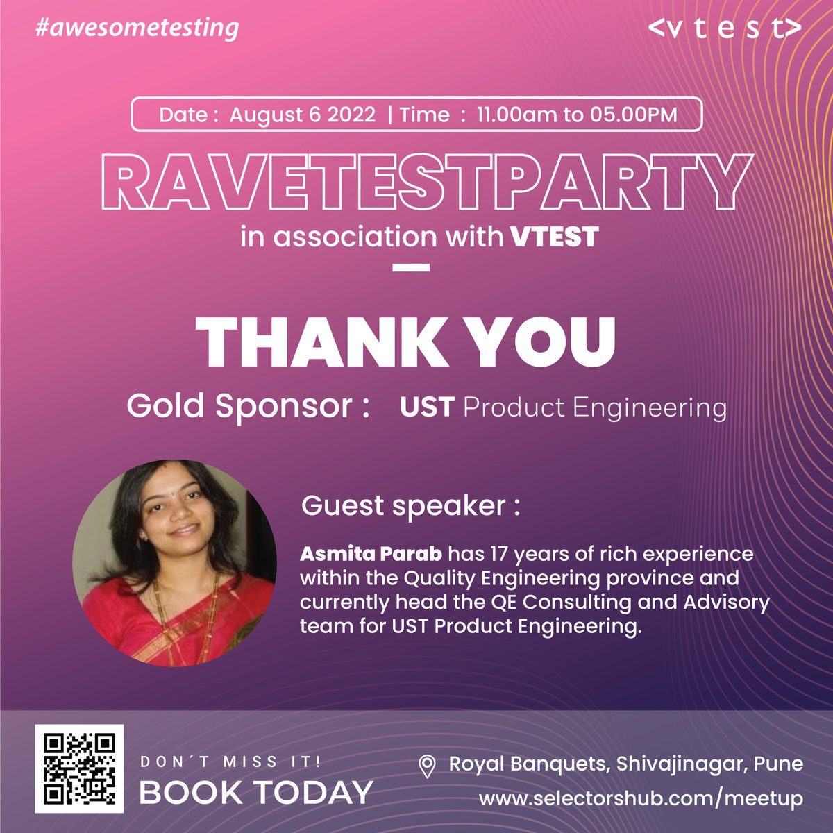 vtestcorp's tweet photo. We would like to express our sincere thanks to our gold sponsor UST Product Engineering and our Guest Speaker Asmita Parab.

For event details visit: https://t.co/sk6PASLyWD

#goldsponsor #pune #event #softwaretestingevent #Testingconference #ravetestparty #punemeetup #rtp #vtest https://t.co/hxQtXg7fhq