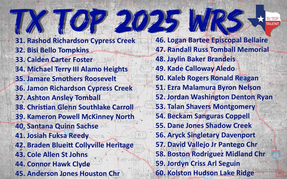 🇨🇱TX TOP 2025 WRs🇨🇱 Who will have the biggest impact? Who’s Underrated? Who shouldve made the list? Retweet & Tag #TxTopTalent #ThePlayersPlatform @thereal_kori2x @akaSweet13 @RileyWormley @KaliqLockett @AndrewaTmMarsh @RouteKingCoop @EzraMalamura