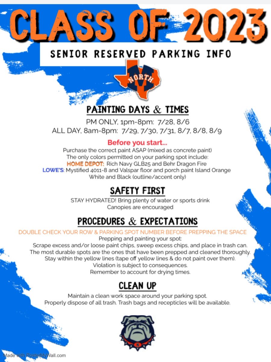 Senior Reserved Parking information for tomorrow, 7/28 @ 8am.
BRING A PHOTOCOPY of your license, valid insurance, and parking design. You'll be glad you did! Also, be sure to apply and pay online before tomorrow. <a href="/McKinneyNorthHS/">McKinney North HS</a>