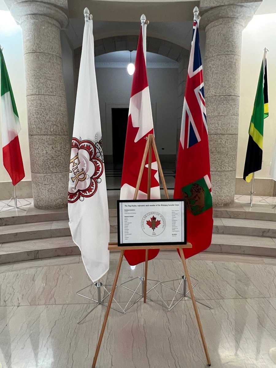 fairdinkumbrad's tweet image. In advance of @folklorama &amp;amp; @Icelandicfest, The Pool of the Black Star, at the @MBLegislature, now displays the flags of the member nations of The Winnipeg Consular Corps.

Manitoba is served by 2 Consulates (Iceland and the USA) &amp;amp; 28 Honorary Consuls.

👇
gov.mb.ca/fpir/protocol/…