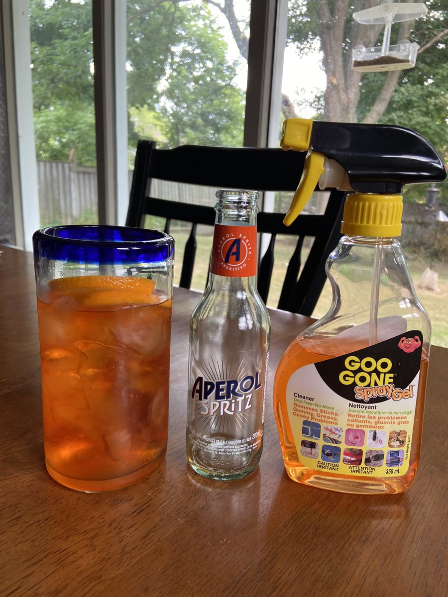seanfurfaro's tweet photo. Mental note: Do NOT mix up which one is the Aperol Spritz and which one is the Goo Gone. #aperol #aperolsspritz #googone #foolmeonce https://t.co/D1ViJRNGz3