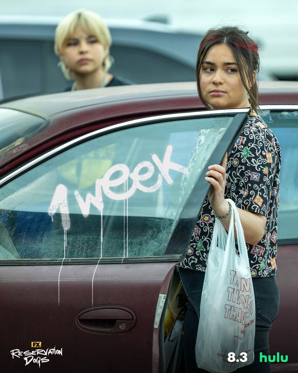 RezDogsFX's tweet photo. Did you miss us? Skoden. ONE WEEK to Go. Season 2 Premieres August 3. Only on Hulu. #ReservationDogs https://t.co/IGi0mP5MiA