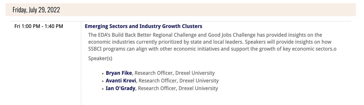 Join us Friday! The @DrexelLab team will be presenting to the @CDFA_Update #SSBCI Learning Series:

'Emerging Sectors and Industry Growth Clusters'
at 1pm ET
w/ @Avanti_Krovi + Bryan Fike

How SSBCI can support @US_EDA  #BBBRC and #GoodJobsChallenge regional growth strategies.