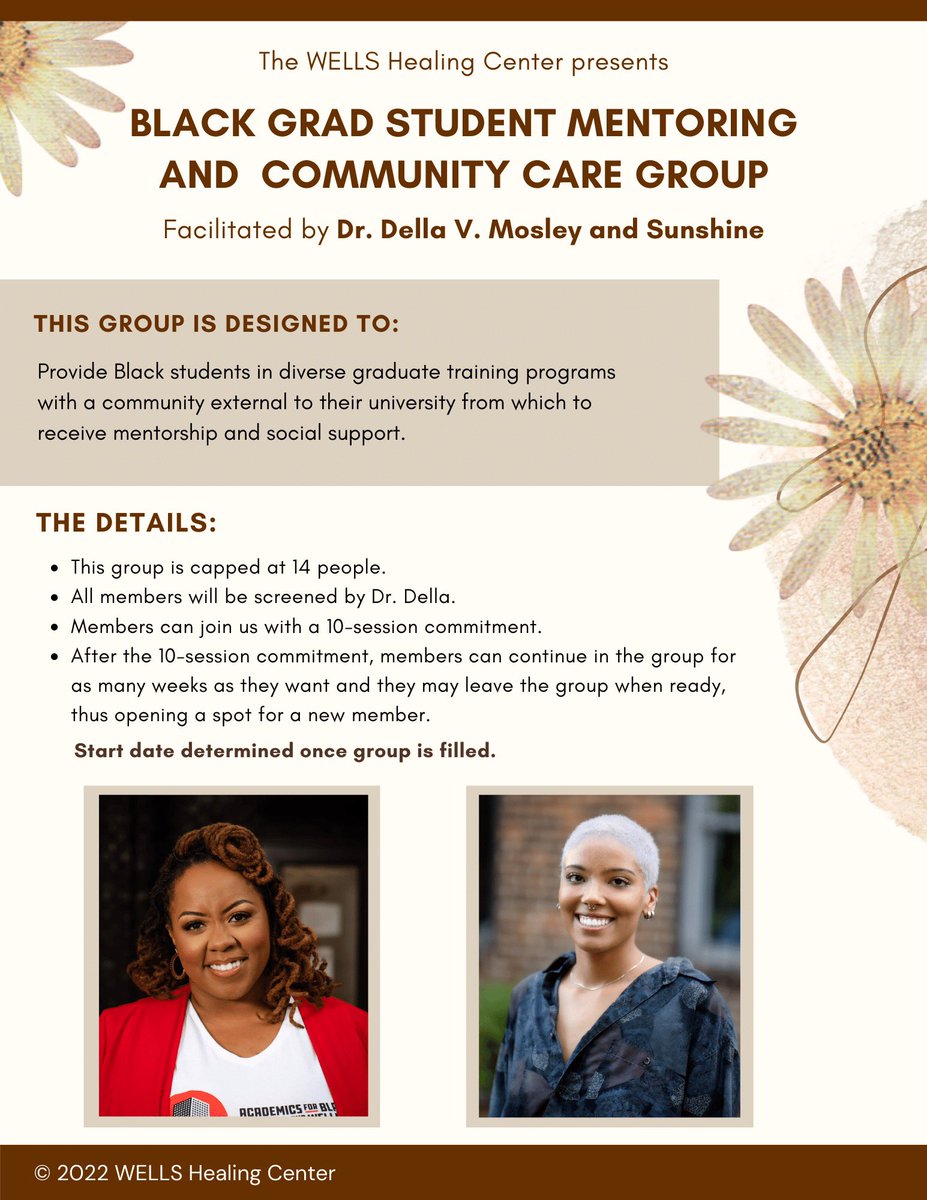 Dope offering for Black graduate students! This fall, Dr. Della and Sunshine will be facilitating a support group for Black students to find community and receive mentorship as they navigate their graduate programs. Learn more at wellshealing.org! #AcademicChatter
