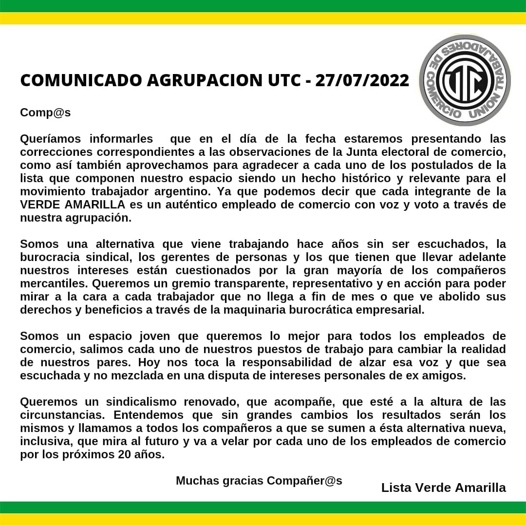 Comunicado Lista Verde Amarilla