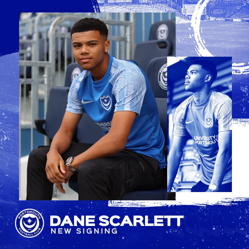 Pompey's tweet photo. HERE HE IS 🌟 

✍️ England U19 international Dane Scarlett has joined #Pompey on a season-long loan from @SpursOfficial