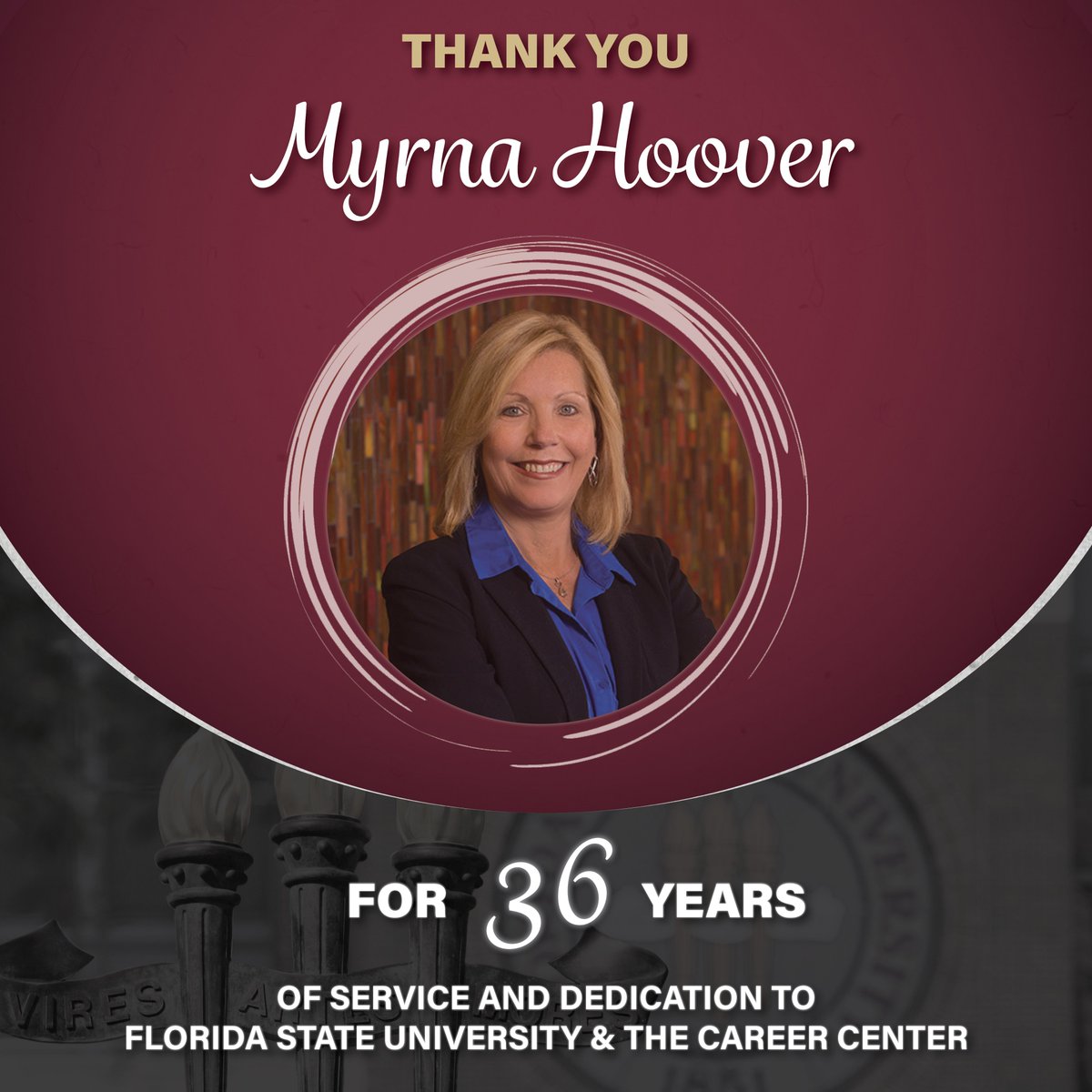 The Career Center and @floridastate thank Myrna Hoover, director of The Career Center, for 36 years of dedication and service to the university. Please join us in wishing her the very best in her retirement.

fla.st/VUMF5FL9