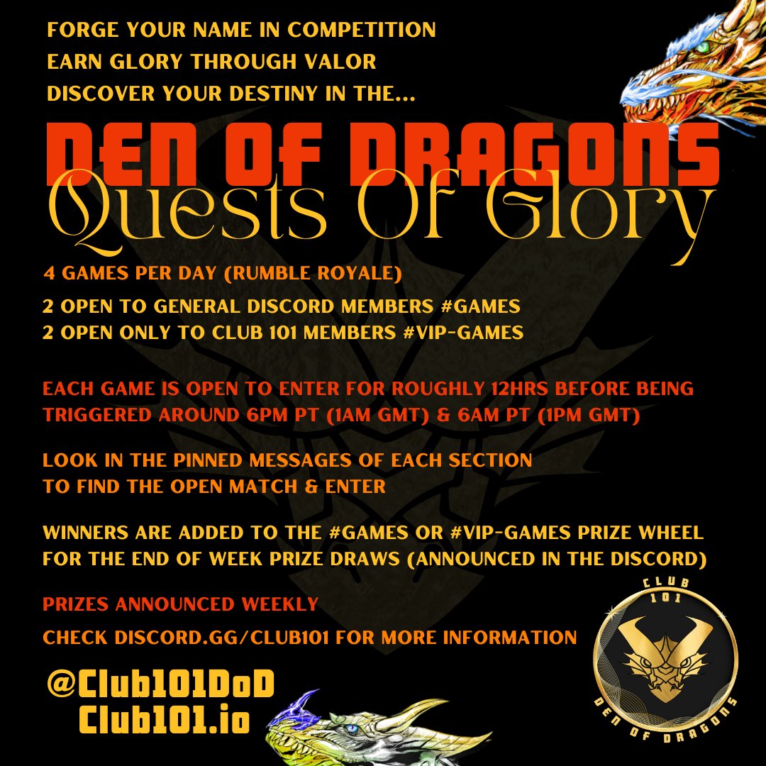 Club101DoD's tweet photo. #DenOfDragons - #QuestsOfGlory now live in our discord!
https://t.co/lJT1mRtzMV
4x a day
2 for Discord Members
+2 more for #Club101DoD Members
Enter for a chance to get on the Prize Wheels!
Prizes = #NFTs
Like & RT to enter a Free #Club101MAP giveaway!
Winner August 3rd! https://t.co/KvnghzB7sr