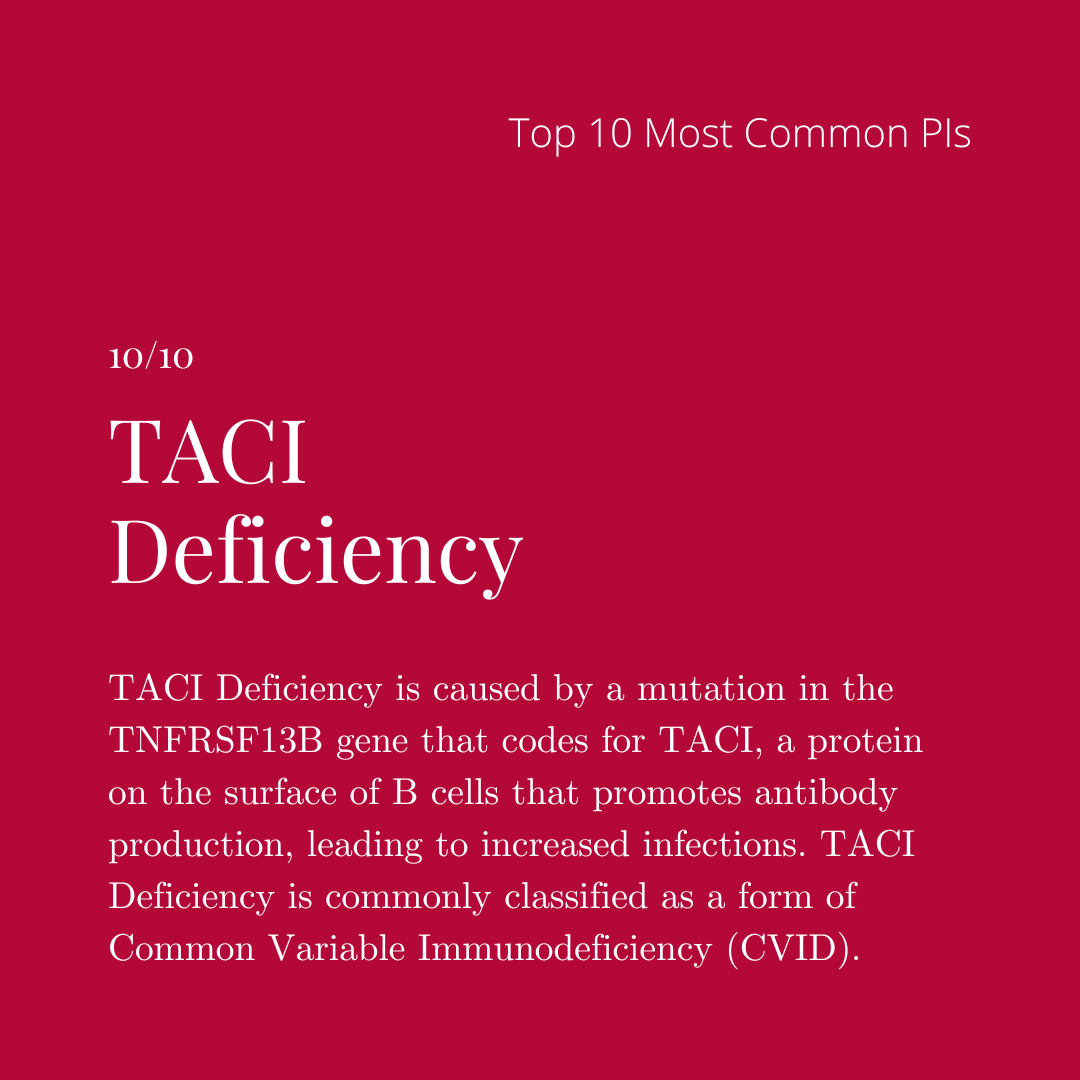 Info4PI's tweet photo. The #10 spot in our #TopTen Most Common PI list is taken by TACI Deficiency. TACI is a #BCell protein that promotes #antibody production. TACI Deficiency causes frequent infections and is associated with #CommonVariableImmunodeficiency (#CVID), the #1 most common PI.