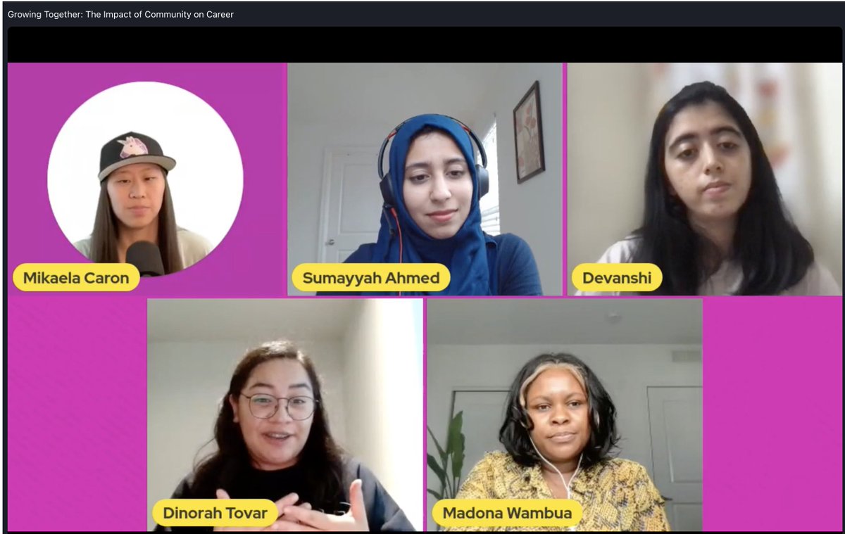sunfishgurl's tweet image. Really enjoying 😍 the closing keynote 🔑 about &quot;The Impact of Community on Career&quot; w/ panelists @mikaela__caron @SumayyahAhmed13 @devanshimodha @DDinorahtovar, moderated by @madona_syombua 👏
@WWCodeMobile #WWCodeMobileSummit