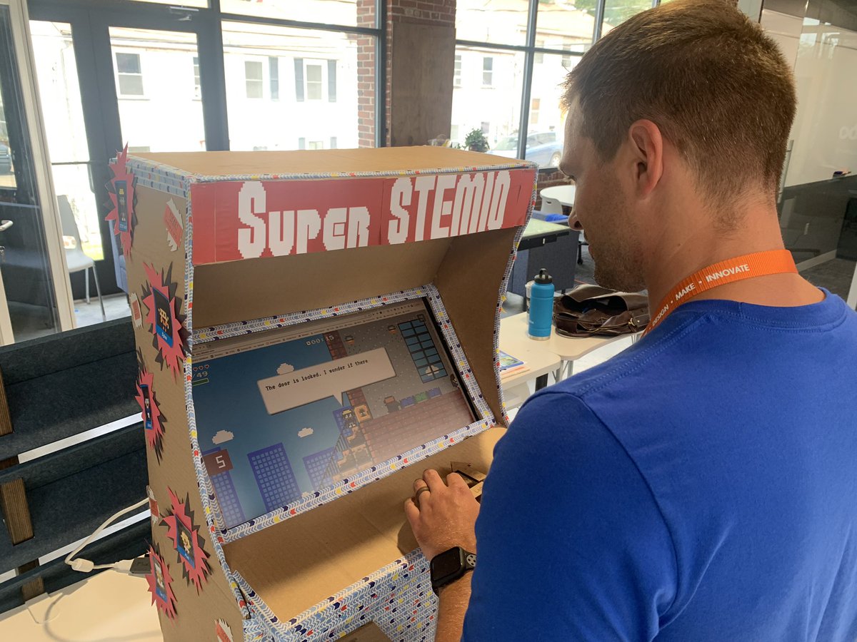 MrMorningEDU's tweet photo. Bloxels meets Cardboard Arcade!! 🕹👾 Super fun creating this cardboard arcade contraption to play our @bloxels game on. Excited to bring this into my classroom for the students! @STEMCampEdu #STEMCampEDU @juliaecin @carolyncwitt #engineeringdesign https://t.co/9SfaJ0kJAQ