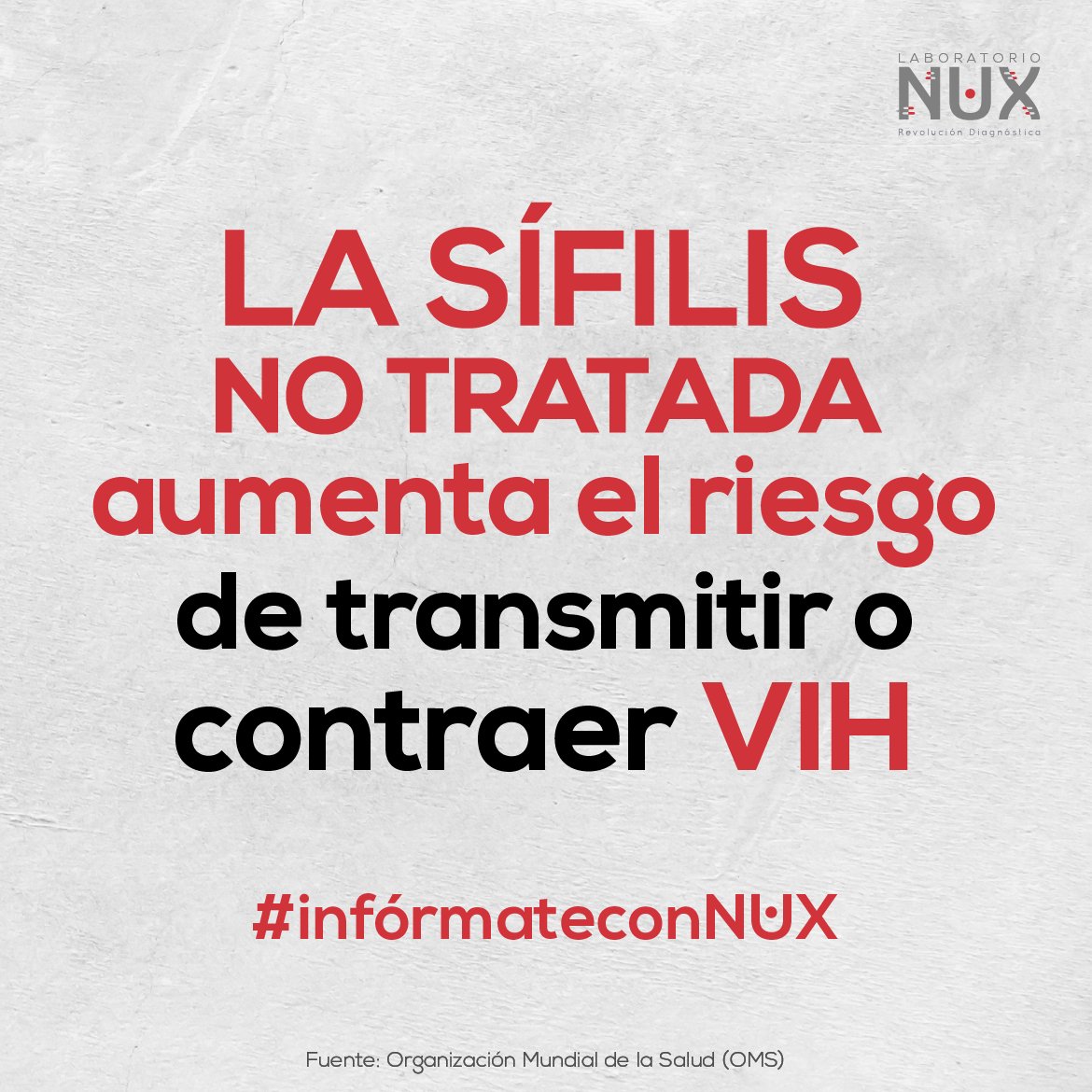 La sífilis aumenta el riesgo de contraer VIH y otras enfermedades de transmisión sexual. #informateconNUX 

Si tienes sospecha de ser portador de sífilis, es momento de realizarte una prueba para detectar y tratar a tiempo. 

Puedes comunicarte de manera confidencial 6644-6299.