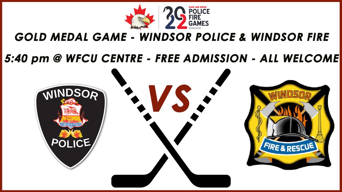 It doesn't get better than this! GOLD MEDAL GAME TONIGHT - <a href="/WindsorPolice/">Windsor Police</a> vs <a href="/WindsorFire1/">Windsor Fire & Rescue Services</a> ! Come out and support your local First Responders as they take to the ice for the <a href="/windsor2022/">2022 Can-Am Police-Fire Games</a>  Can-Am Police-Fire Games gold medal game. 🥇 Free admission. 5:40 pm <a href="/wfcucentre/">WFCU Centre</a> 👮‍♂️🏒👨‍🚒