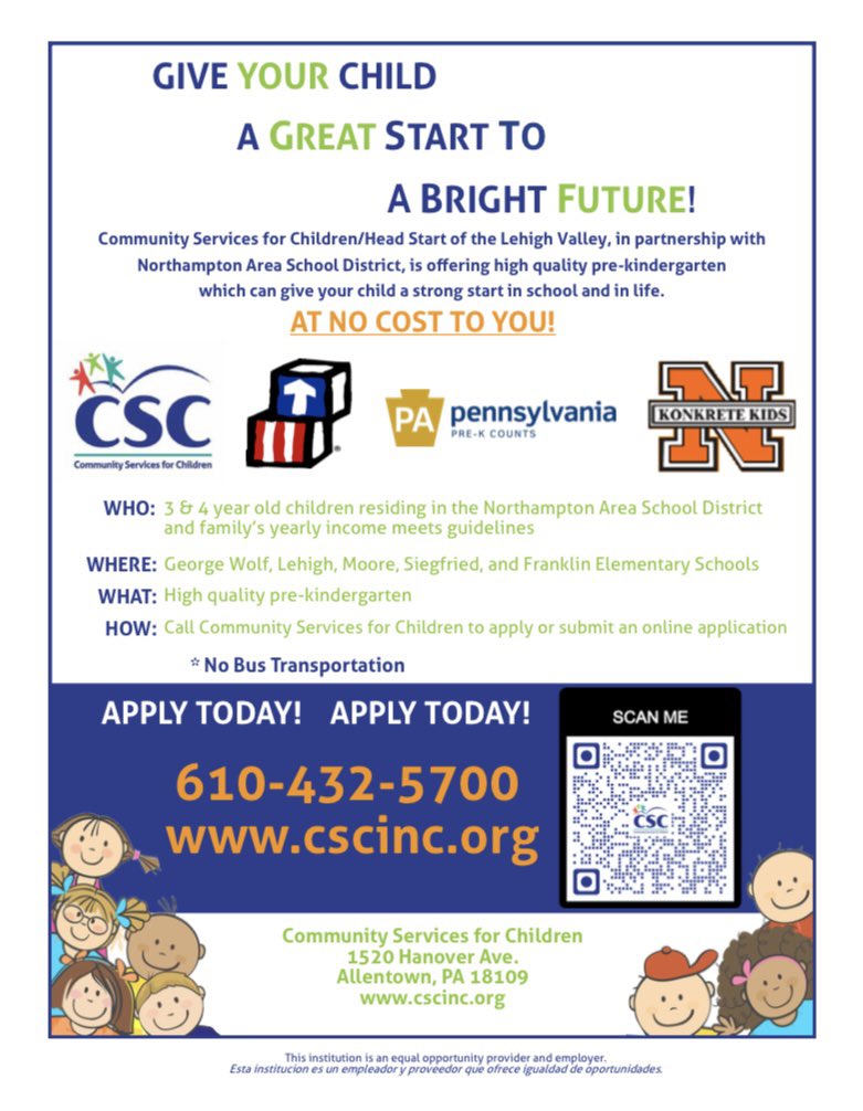 Do you, or someone you know, have a child who is 3-4 years old and ready to spend part of their day at school? If so, consider signing them up for the NASD Pre-K program! 

This program is for NASD residents only and is available in all elementary schools - run by CSC/Head Start.
