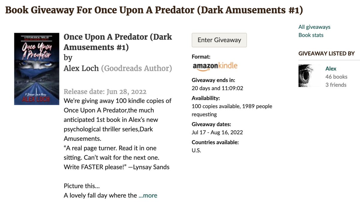 DarkPredatorPrs's tweet photo. Excited that Author @AlexLochness has a @Goodreads giveaway for #OnceUponAPredator that's doing so well! https://t.co/rmICuhwvUj