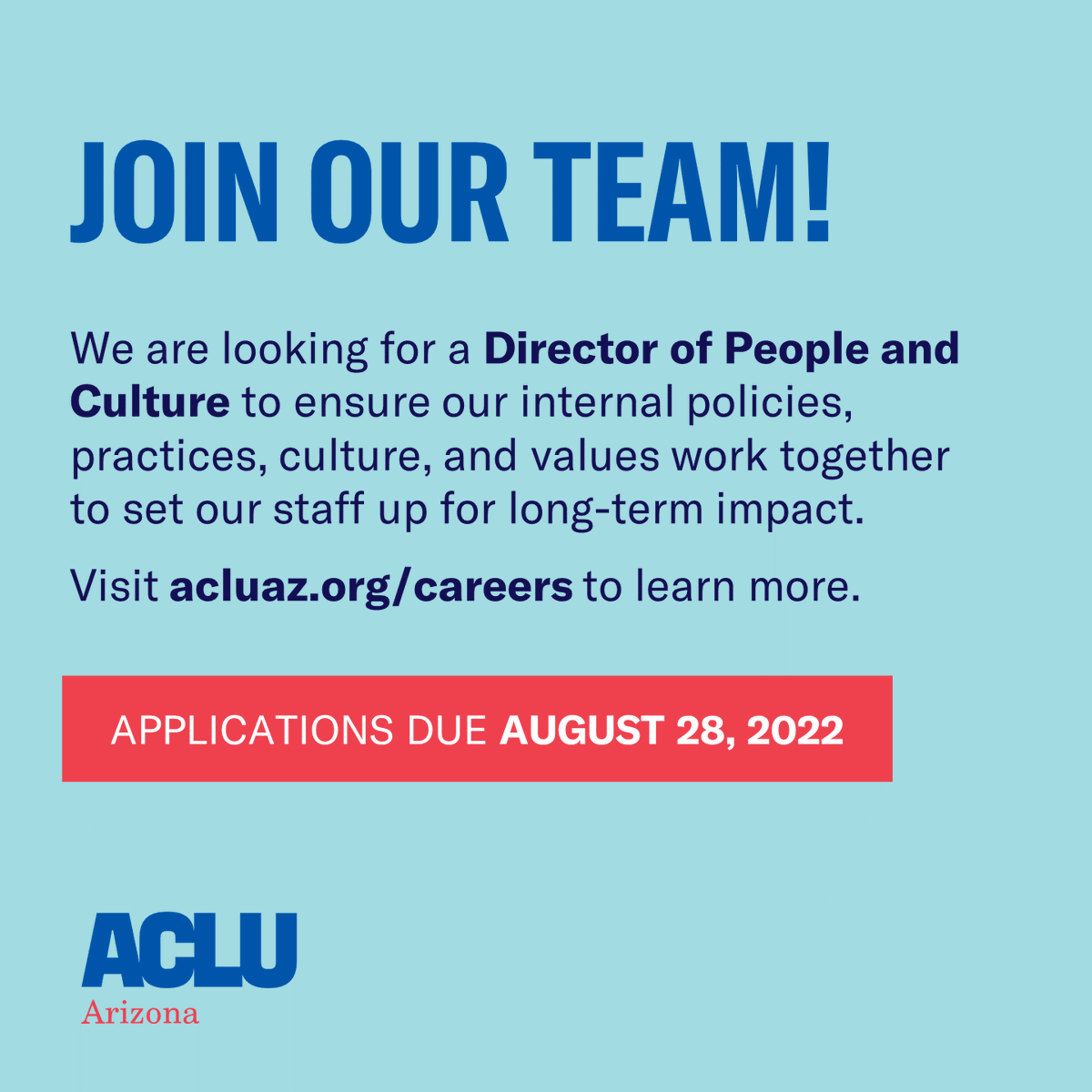 We're hiring! The ACLU of Arizona is looking for a leader who is passionate about making sure our internal policies, practices, culture and values work together to set our staff up for long-term impact. Learn more and apply! acluaz.org/en/jobs/direct…